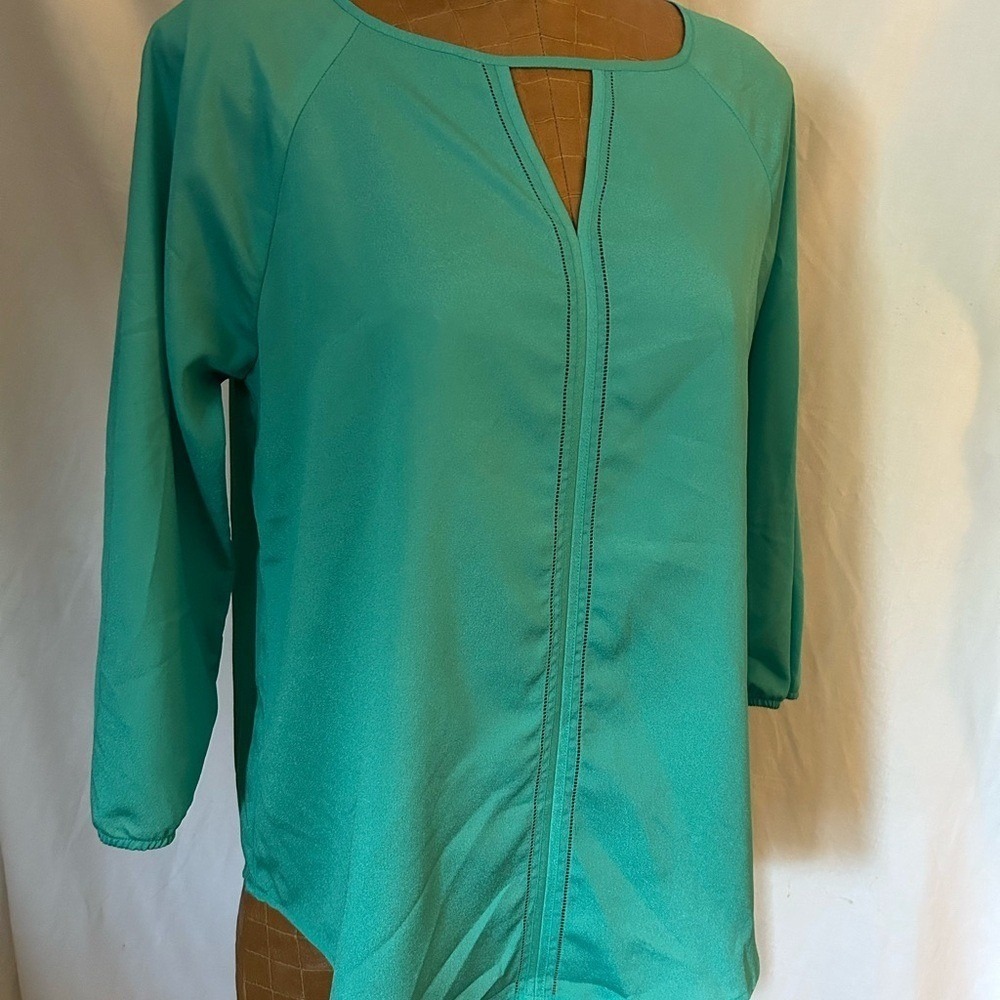 The Limited Teal Green Keyhole Neck Blouse Ladder Stitch Trim Small